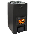 Front view of the Harvia 50 Series 40kW Wood-Burning Sauna Stove with fire burning