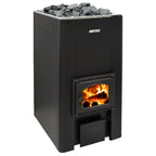 Front view of the Harvia 50 Series 40kW Wood-Burning Sauna Stove with fire burning