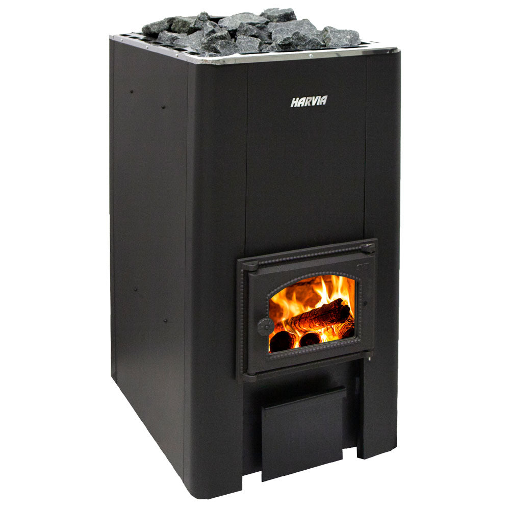 Front view of the Harvia 50 Series 40kW Wood-Burning Sauna Stove with fire burning