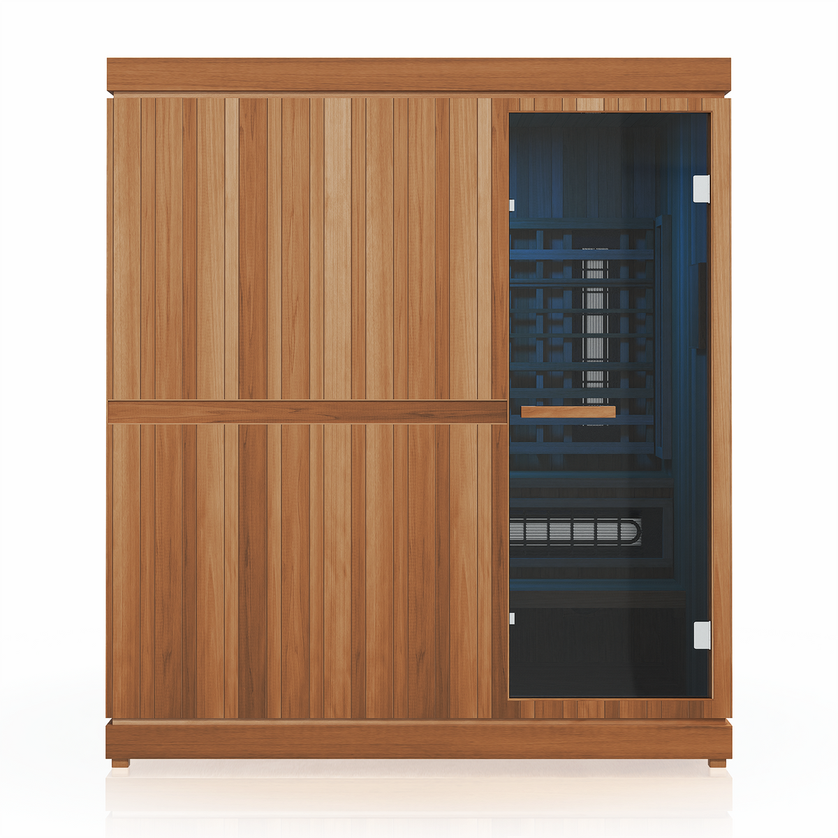 Finnmark Trinity hybrid sauna with blue light reflection