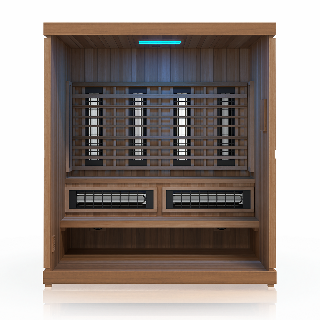 Finnmark Trinity hybrid sauna interior with blue light