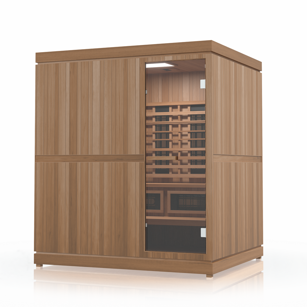 Finnmark Trinity hybrid sauna with white interior lighting