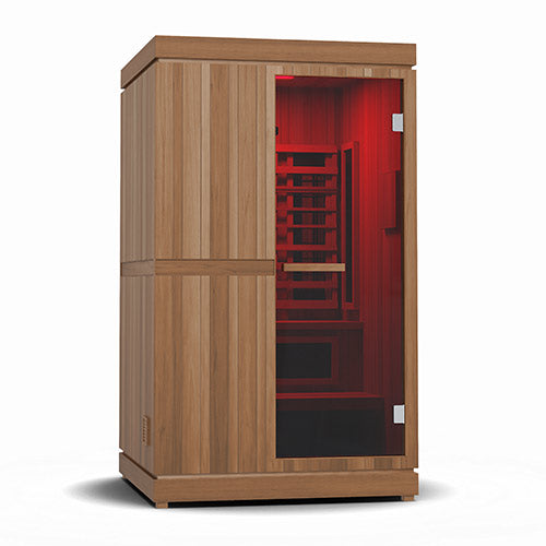 Finnmark FD-4 Trinity hybrid sauna front angled view with glass door and red-lit interior