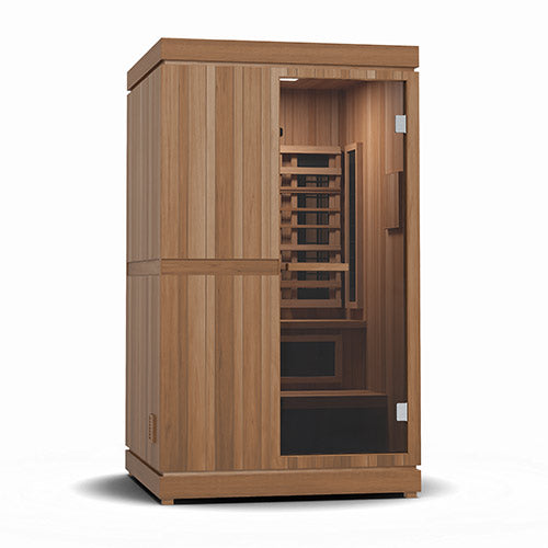 Finnmark FD-4 Trinity hybrid sauna front angled view with glass door and lit interior