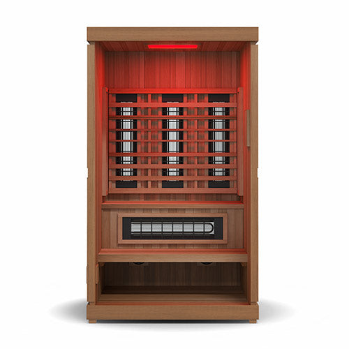 Finnmark FD-4 Trinity hybrid sauna interior front view with infrared heater panels and lower bench